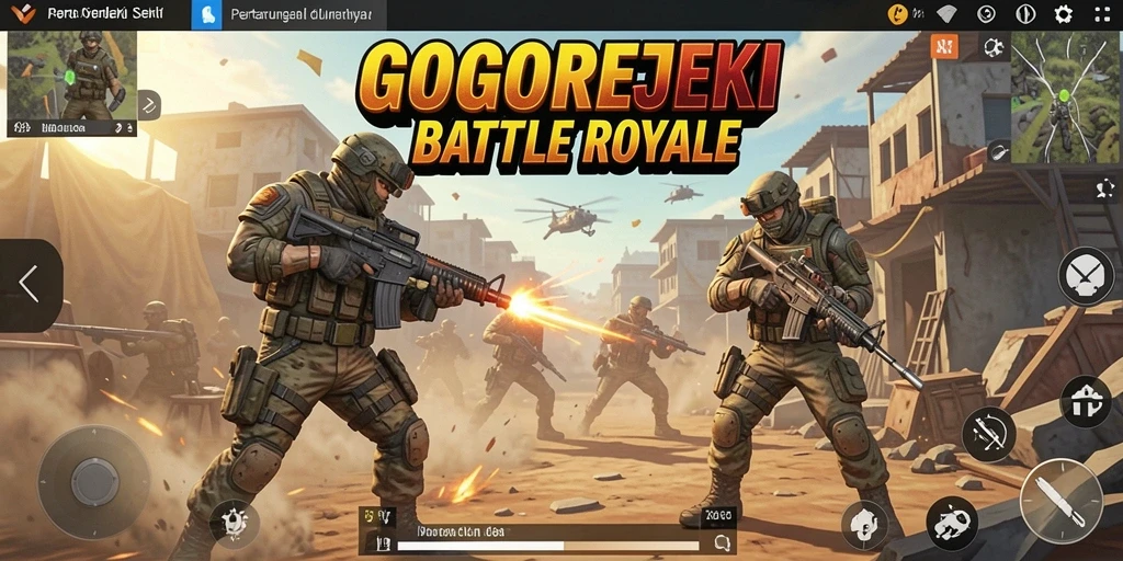 Tampilan gameplay intens di <strong>GOGOREJEKI</strong> di medan tempur Battle Royale.
