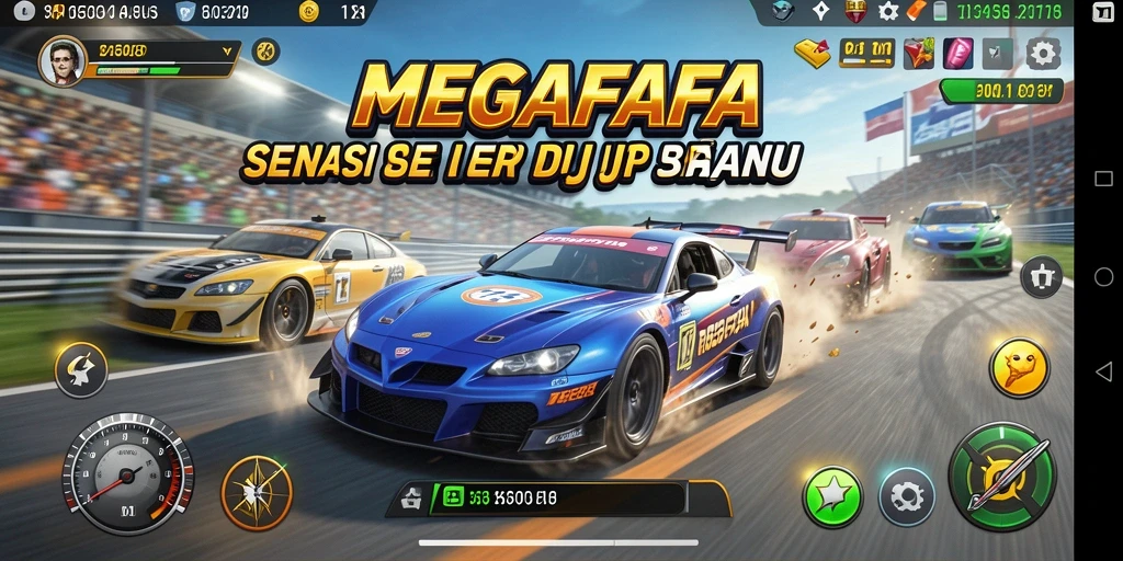 Tampilan gameplay penuh aksi di MEGAFAFA saat balapan.