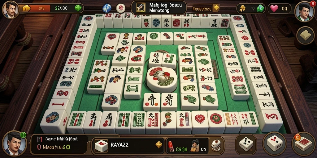 Screenshot RAYA22 menampilkan permukaan permainan Mahjong yang penuh warna.